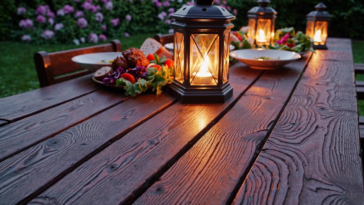Mesa de jantar ao ar livre posta com lanternas e comida em um jardim