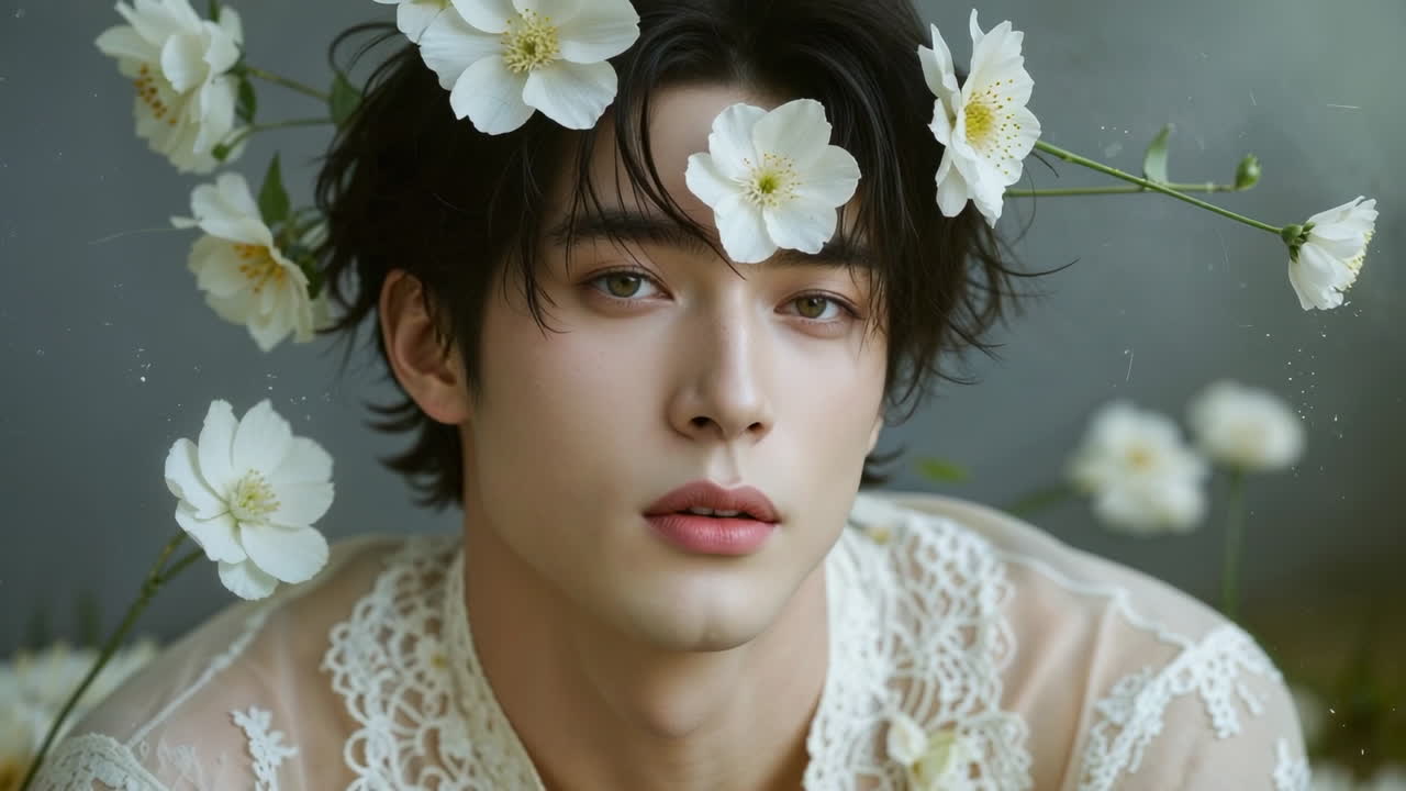 Ethereal Portrait of a Young Man Adorned with White Flowers