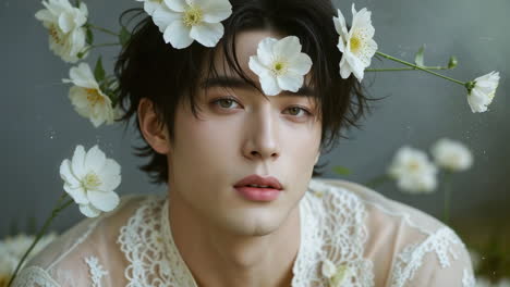 ethereal portrait of a young man adorned with white flowers