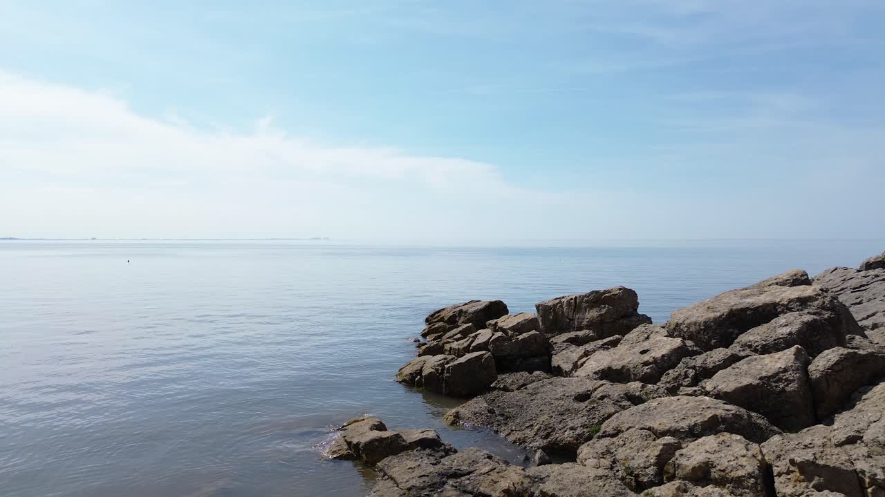 Rocky coastal slope with bare tree aerial view calming tide and blue sky in dreamlike harmony