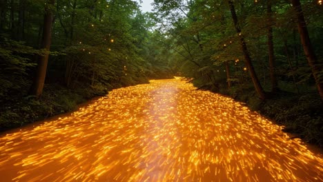 a captivating journey through a glimmering forest river illuminated by magical lights reflecting off the sparkling water surface, enveloped in nature’s embrace