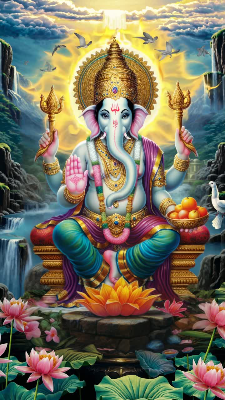 Vibrant video concept of a divine figure with an elephant head, sitting amidst nature