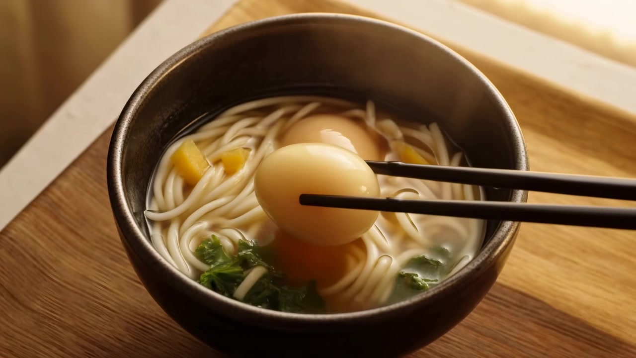 Una vista ravvicinata segue le bacchette che sollevano un uovo liscio dal brodo mentre un altro riposa tra noodles e verdure, con una morbida luce dorata che cade sulla ciotola e sul tavolo.