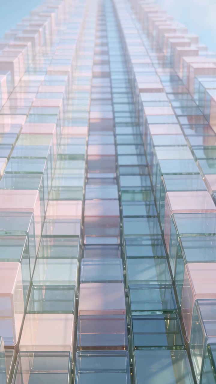 Vertical video: Pushing camera moving upward along glass facade, revealing tinted balcony panels