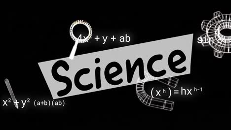 animation of science text over icons and mathematical equations on black background