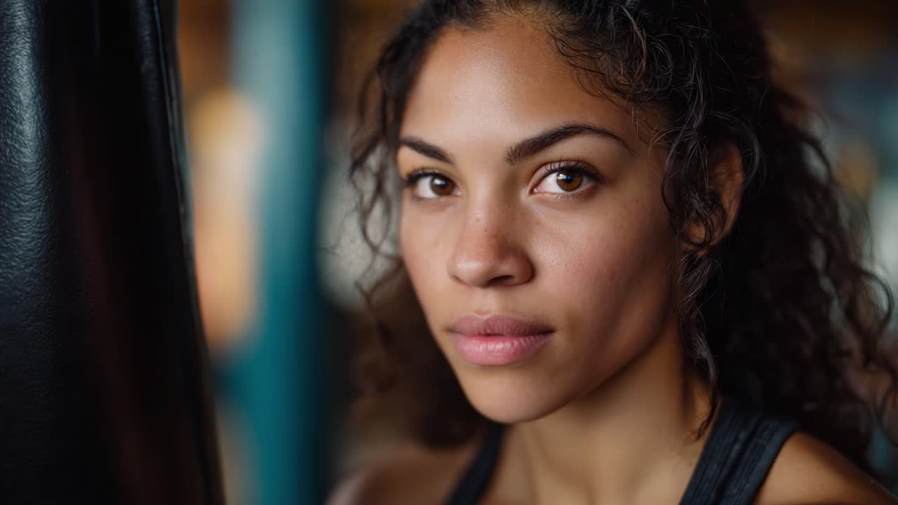 Atleta determinata e intensamente concentrata sul suo addestramento, che mostra forza e resilienza in un ambiente di palestra vivace, catturando lo spirito di dedizione e perseveranza