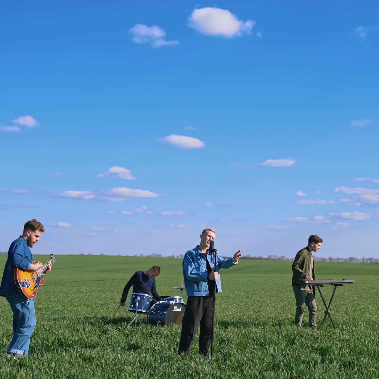Musical band playing on grass. Group of young people playing instruments on field