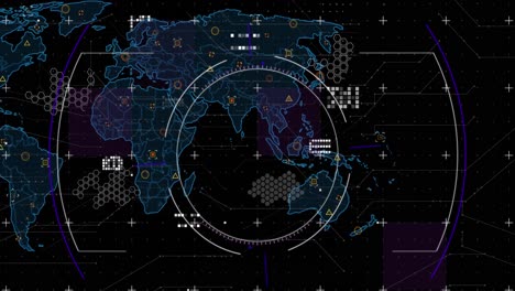 Animación-Del-Alcance,-Marcadores-Y-Procesamiento-De-Datos-Sobre-El-Mapa-Mundial