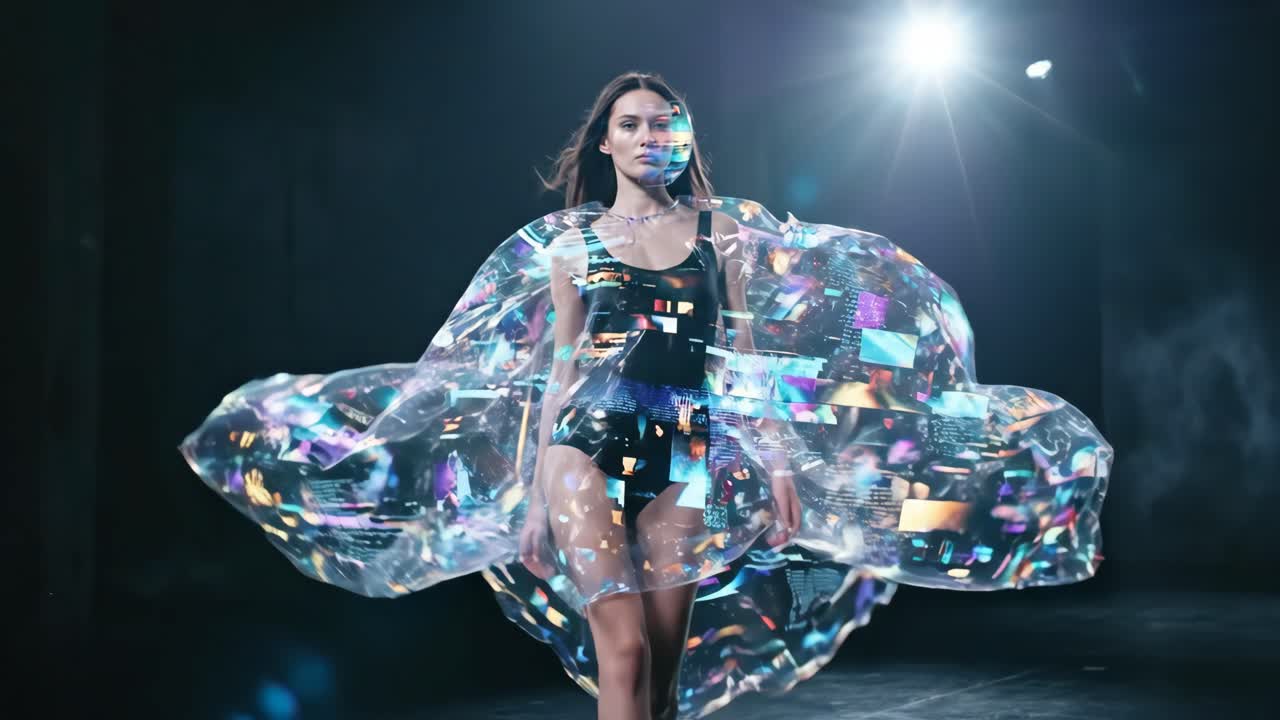Futuristisk modemodel med digitale projektioner på en gennemsigtig kappe