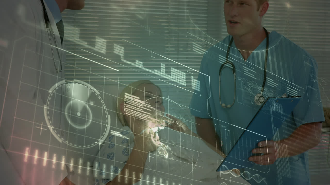 환자와 함께 백인 남성 의사에 대한 과학적 데이터 처리의 애니메이션