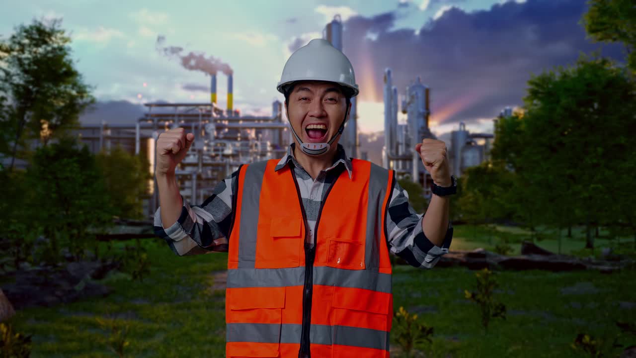 Happy Construction Worker Celebrating Success at a Factory