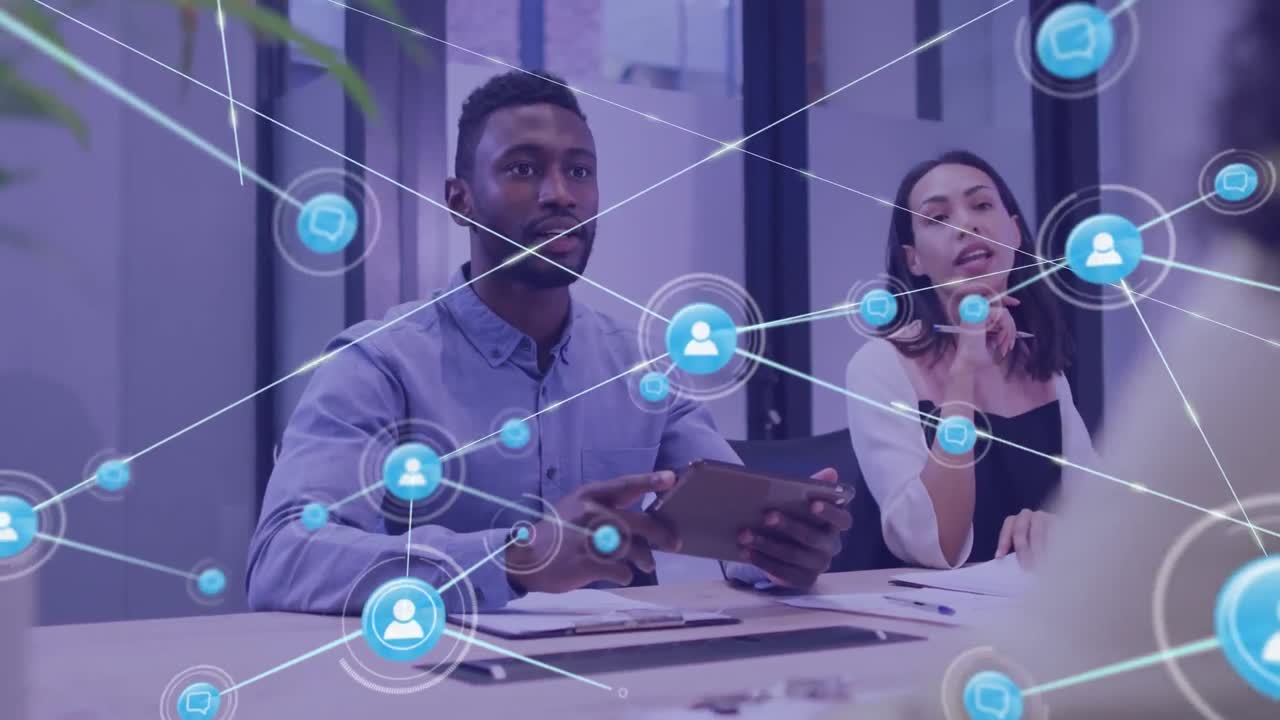 Animation of network of connections over diverse businesspeople in office
