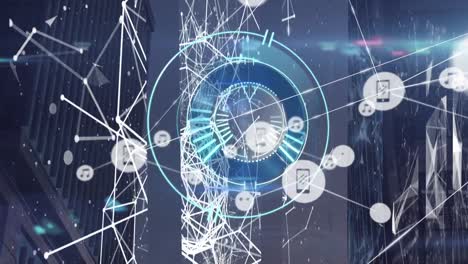 animación de la red de conexiones con iconos sobre el escaneo de alcance