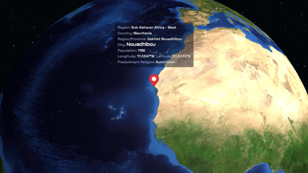 Digital earth rotates and zooms into West Africa, displaying demographic information for Nouadhibou, Mauritania