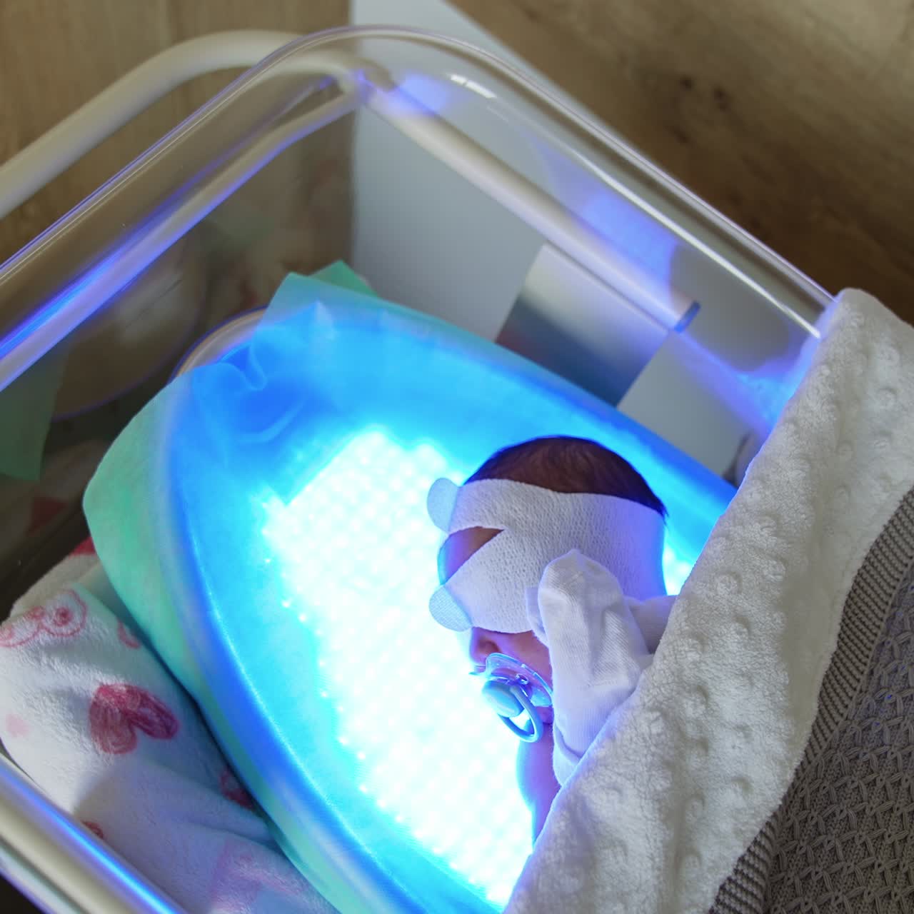 Cute baby in a crib on UV lamp. High bilirubin therapy for newborns in maternity hospital. Top view