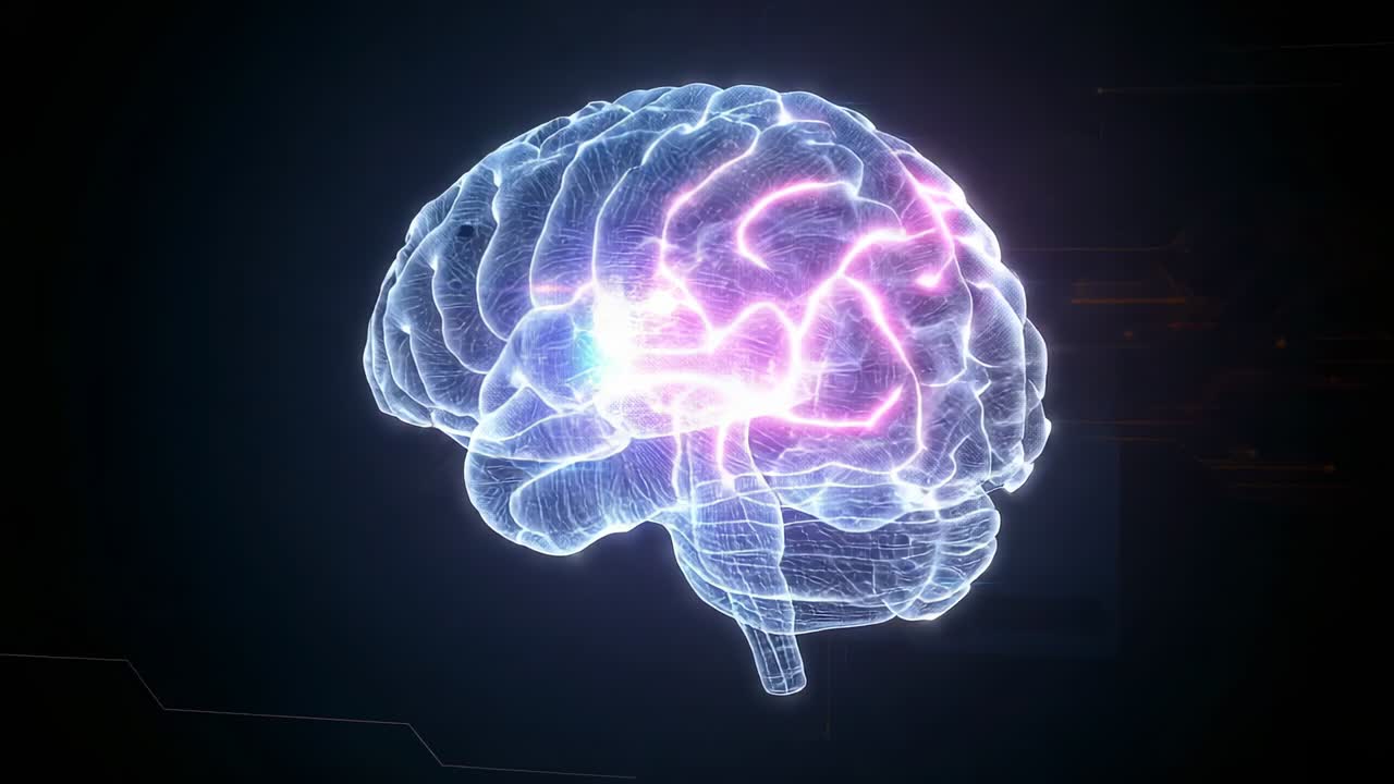Appearing wireframe brain pulsating neural nets rotating in void, illustrating neural connectivity