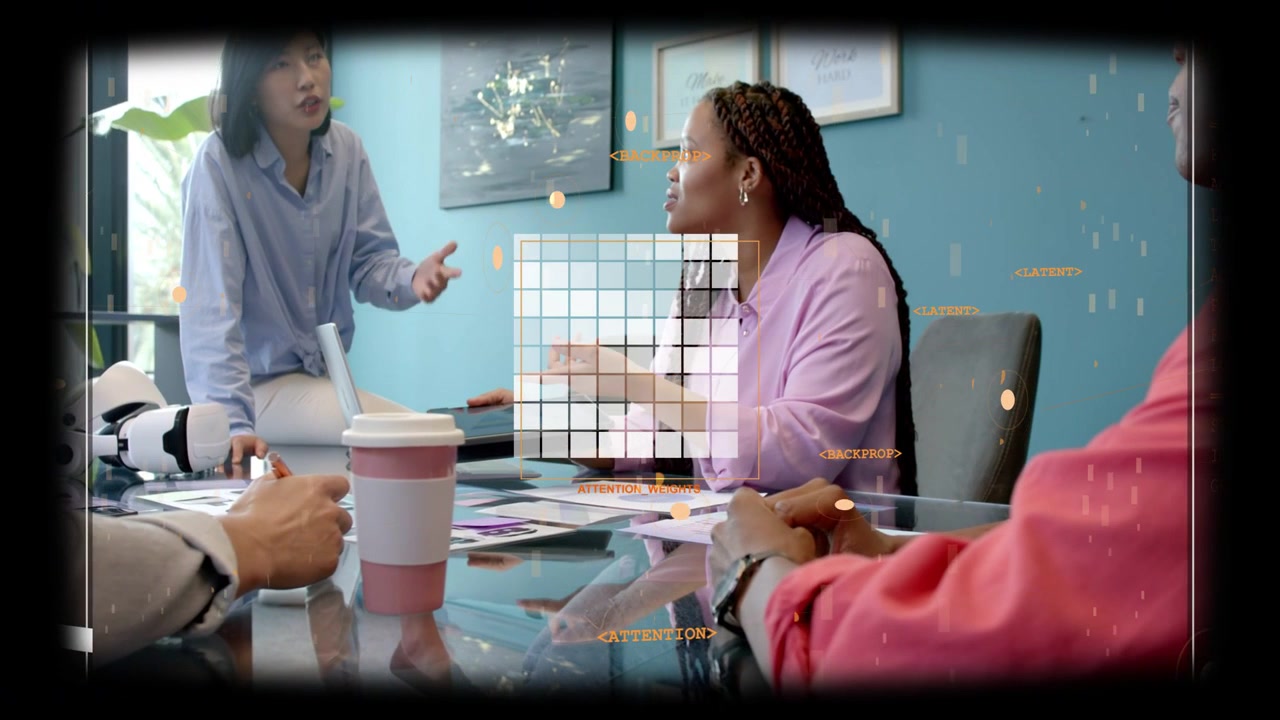 Seated woman sliding tablet while standing colleague questioning orange UI showing business data
