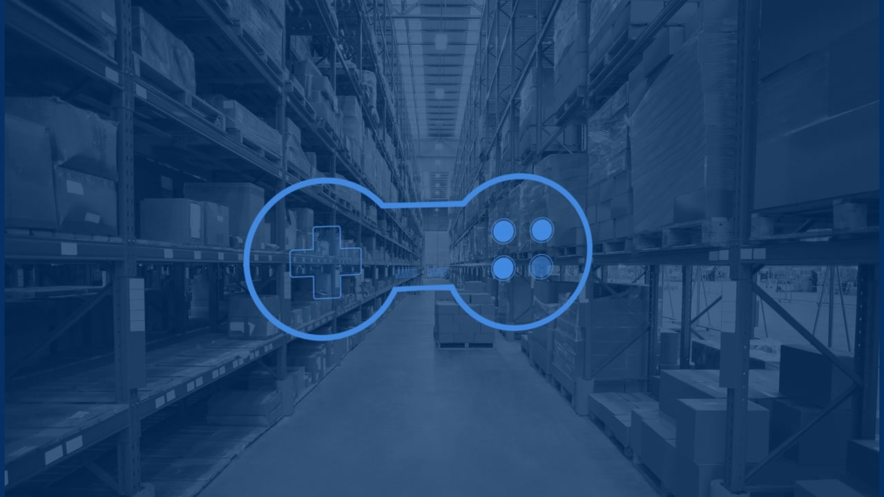 Animation of gamepad icon over warehouse