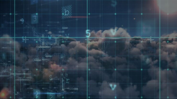 Computer analysis and binary codes against cloudy sky 4k