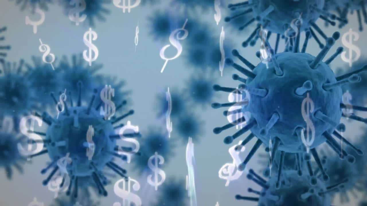 Animation af svævende makro Covid-19-celler og amerikanske dollartegn.