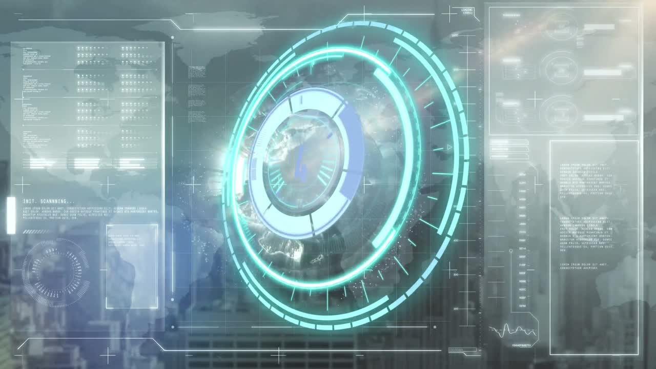 도시 풍경 위의 범위 스캐닝과 데이터 처리 애니메이션