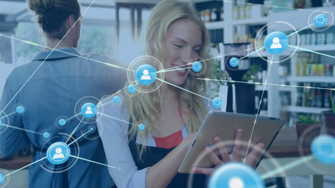 카페에서 태블릿을 가진 백인 여성에 대한 사람들과의 연결 네트워크 아이콘의 애니메이션