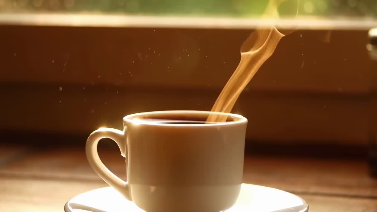 Tazza di caffè fumante nella morbida luce del mattino, ripresa da un'angolazione bassa. Perfetto per un video accogliente. Live
