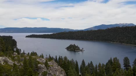 a 4k drone shot of fannette island, lying in the middle of emerald bay, a national natural landmark on lake tahoe, california