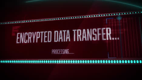 Processing data animation with ENC text over dark red background