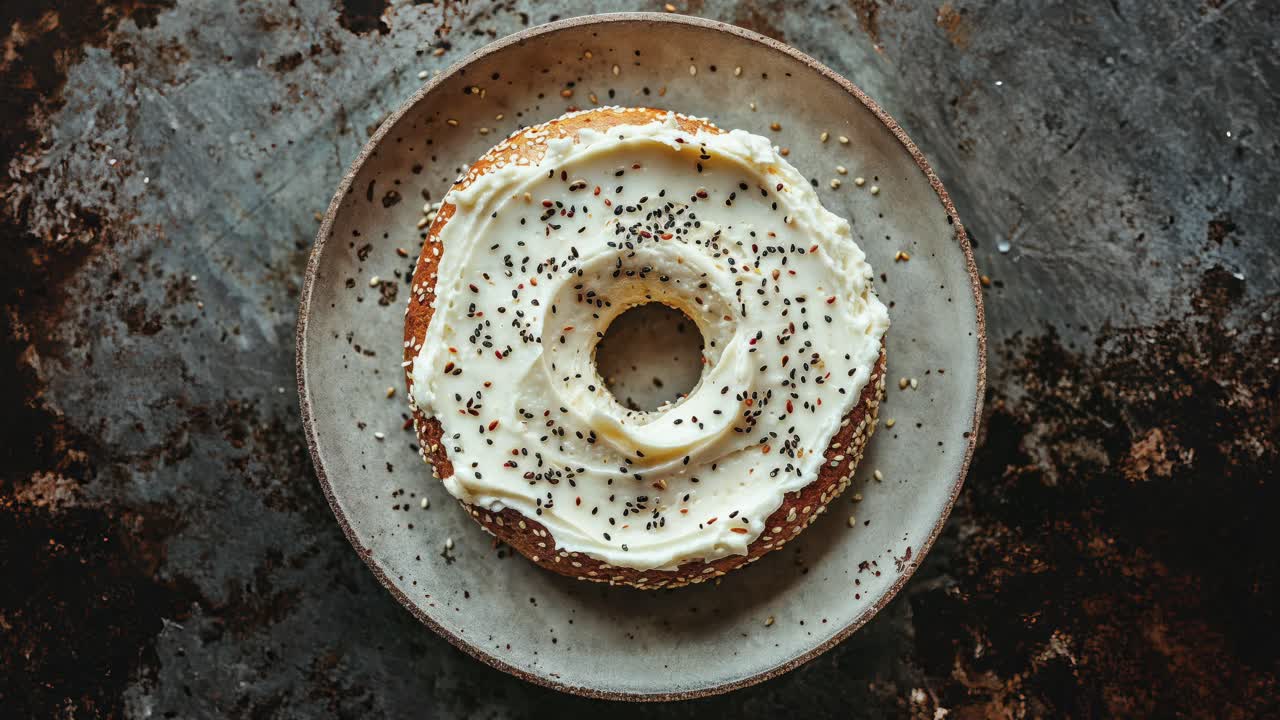 cerca de un bagel tostado con queso cremoso y semillas de sésamo