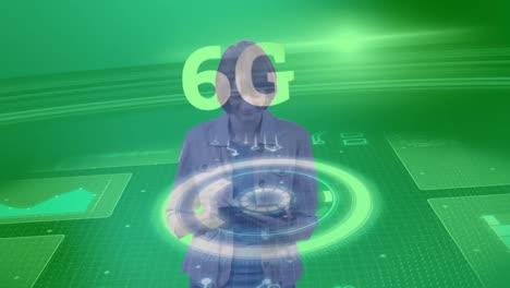 animación de texto de 6g, escaneo de alcance y procesamiento de datos sobre una mujer de negocios que usa una tableta