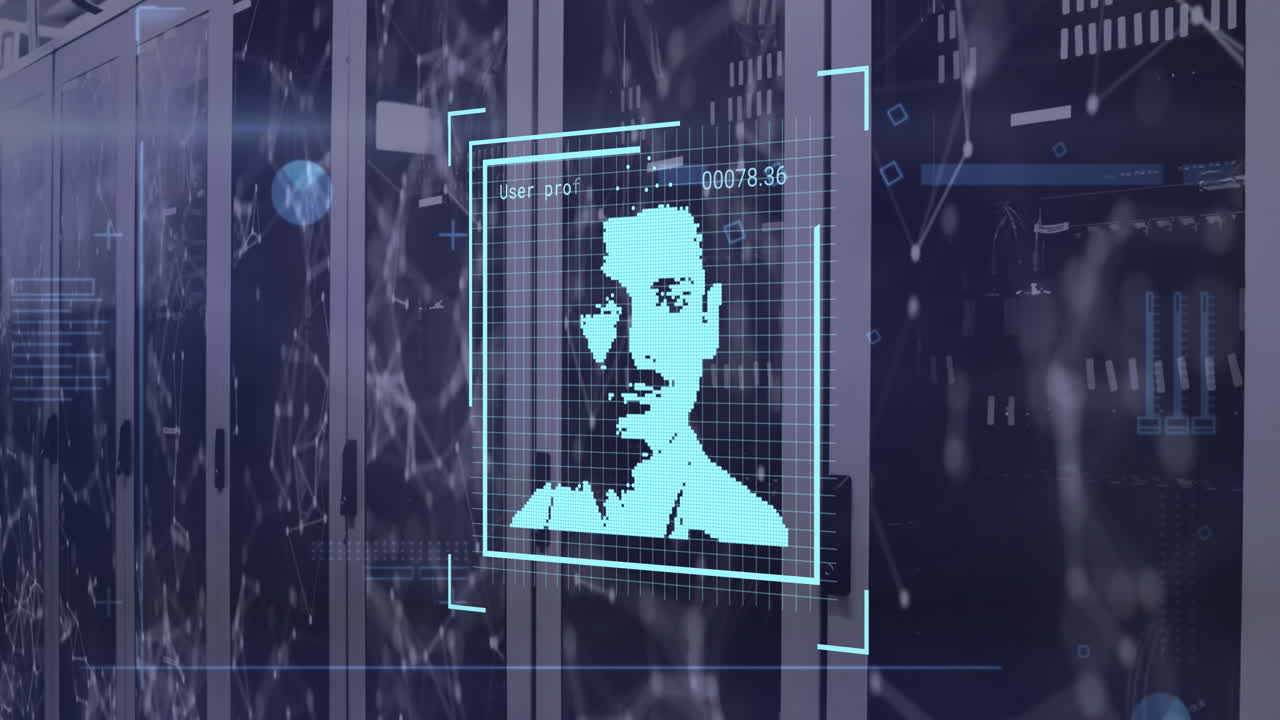 animación de múltiples iconos de perfil cambiantes y red de conexiones contra la sala de servidores de computadoras