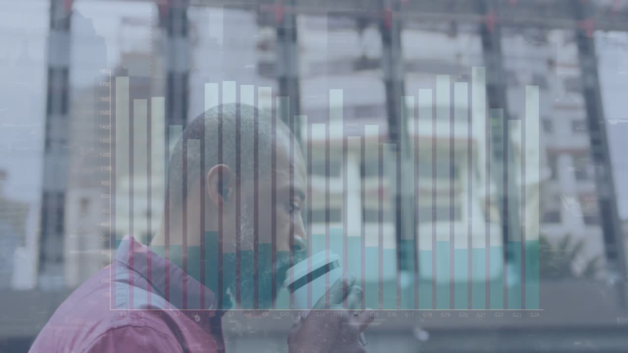Animation of graph and numbers over senior african american business walking while having coffee