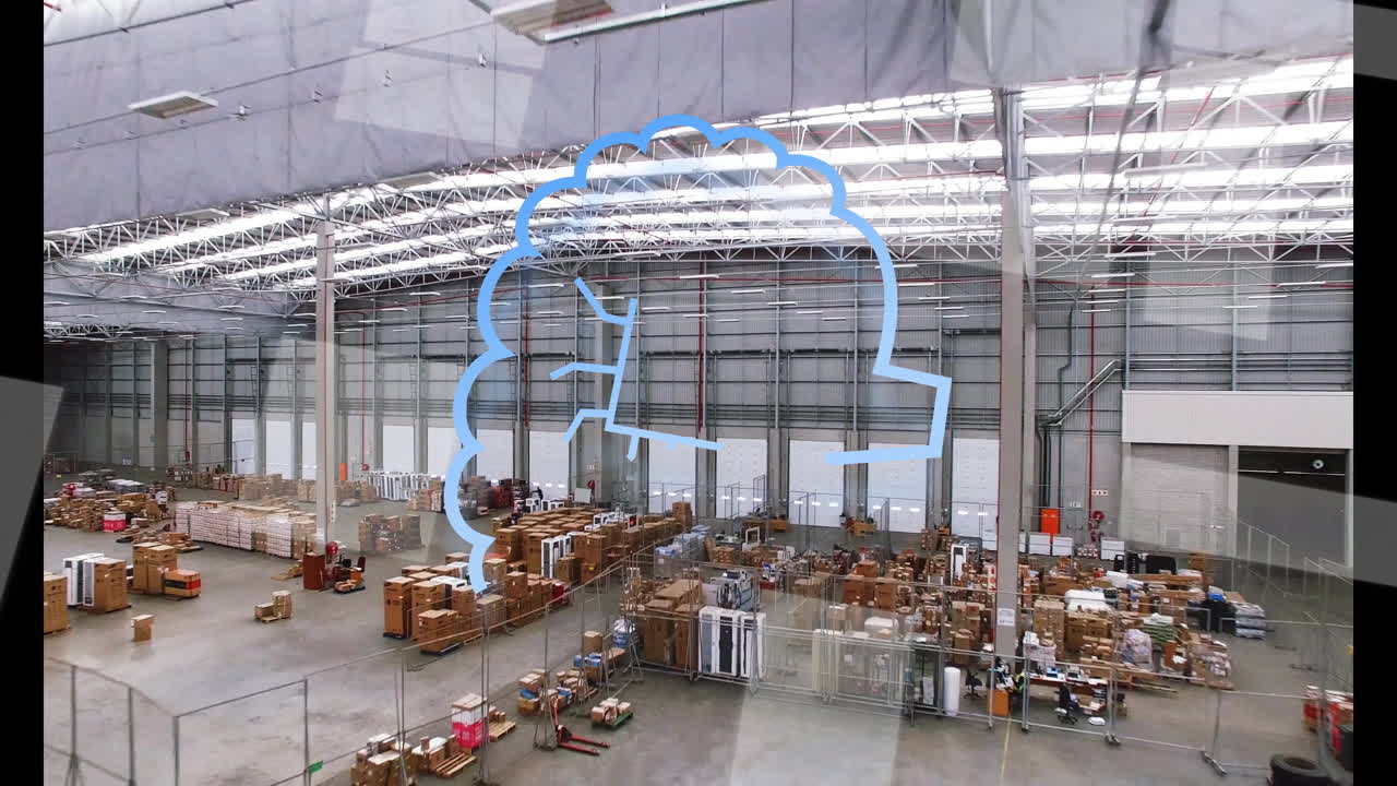 animazione di archiviazione cloud su magazzino con scatole e pacchetti