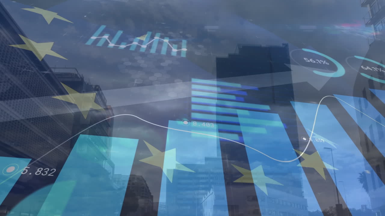 유럽 연합의  ⁇ 발이 도시 풍경 위에서 흔들리는 애니메이션