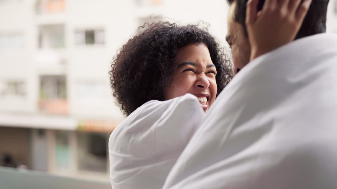 Love, couple and laugh with a man