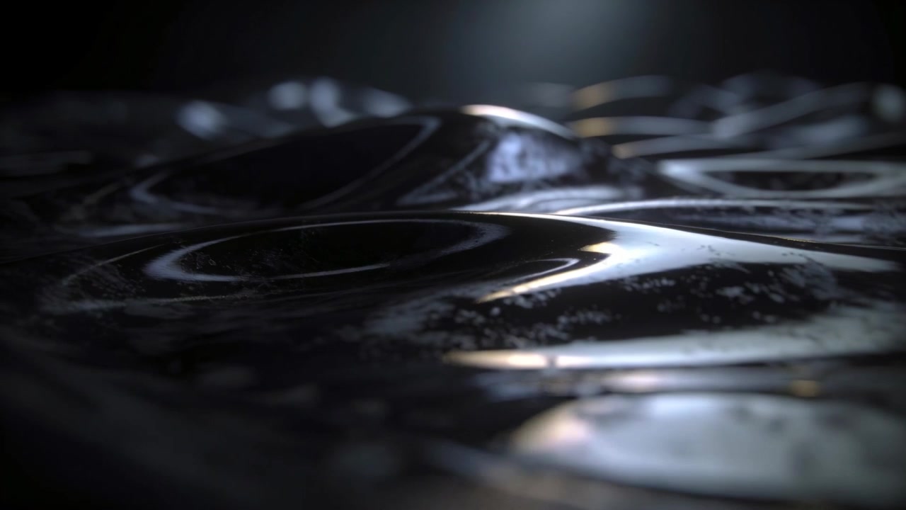 Moving camera revealing glossy black surface in studio, capturing soft spotlight glints and ridges