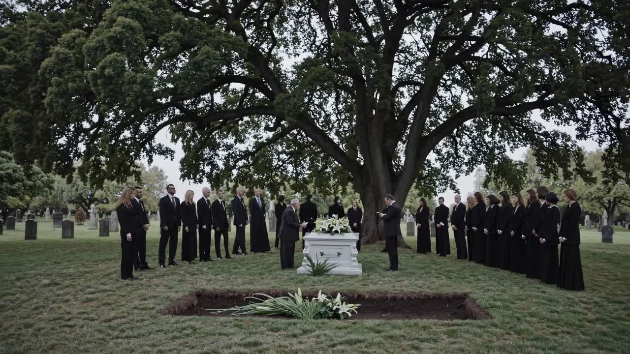 Scatto grandangolare di una triste scena funebre sotto un grande albero, che cattura i partecipanti in abiti neri