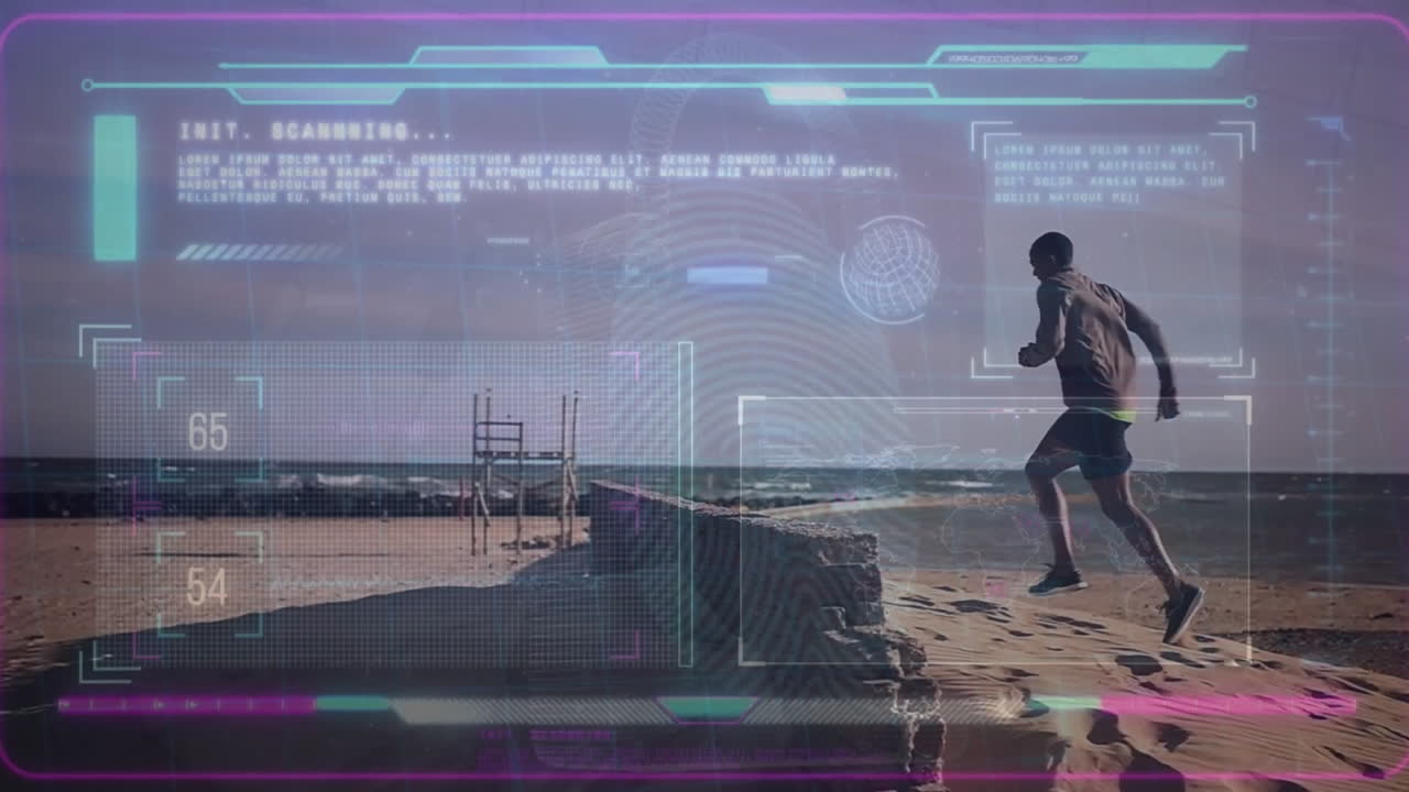 Animation of afrcian american fit man running and data processing