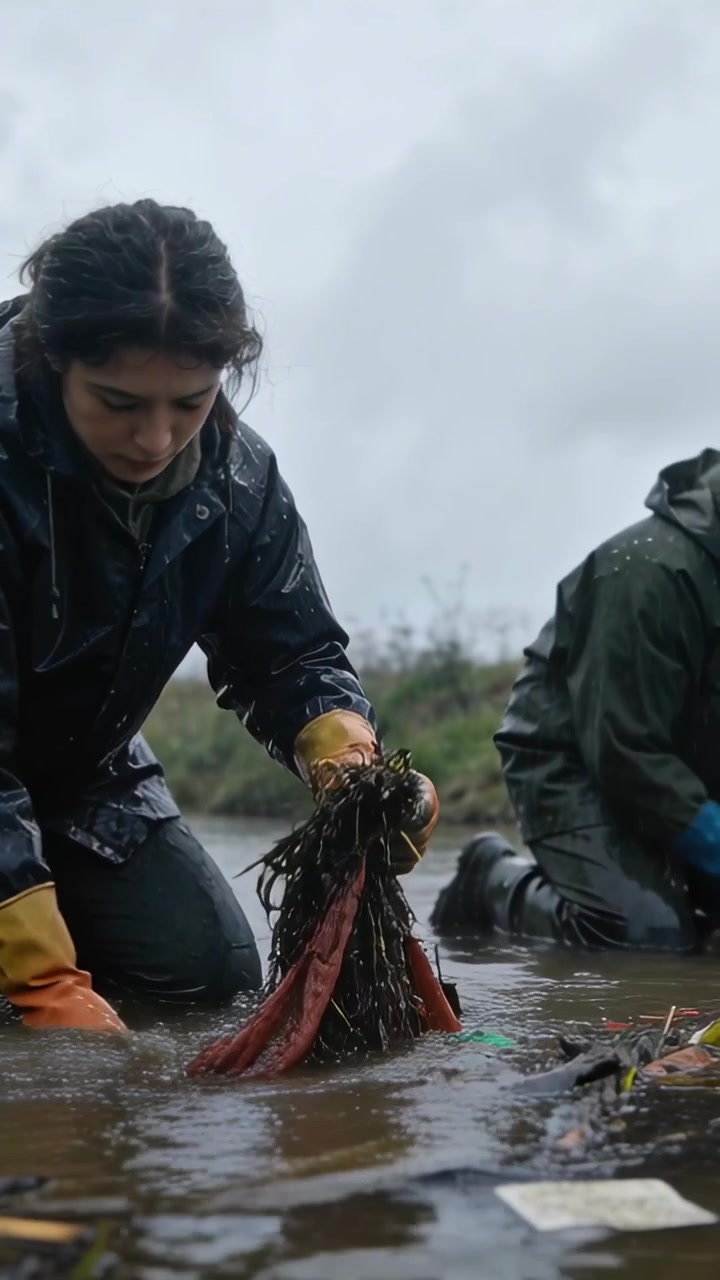 Vertical video: Pulling woman jacket orange gloves spotting debris, scooping bottle, cleaning bank