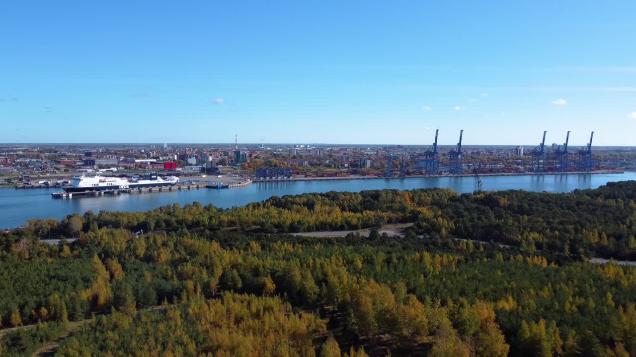AERIAL Backwards Shot of the Port of Klaipeda, Lithuania