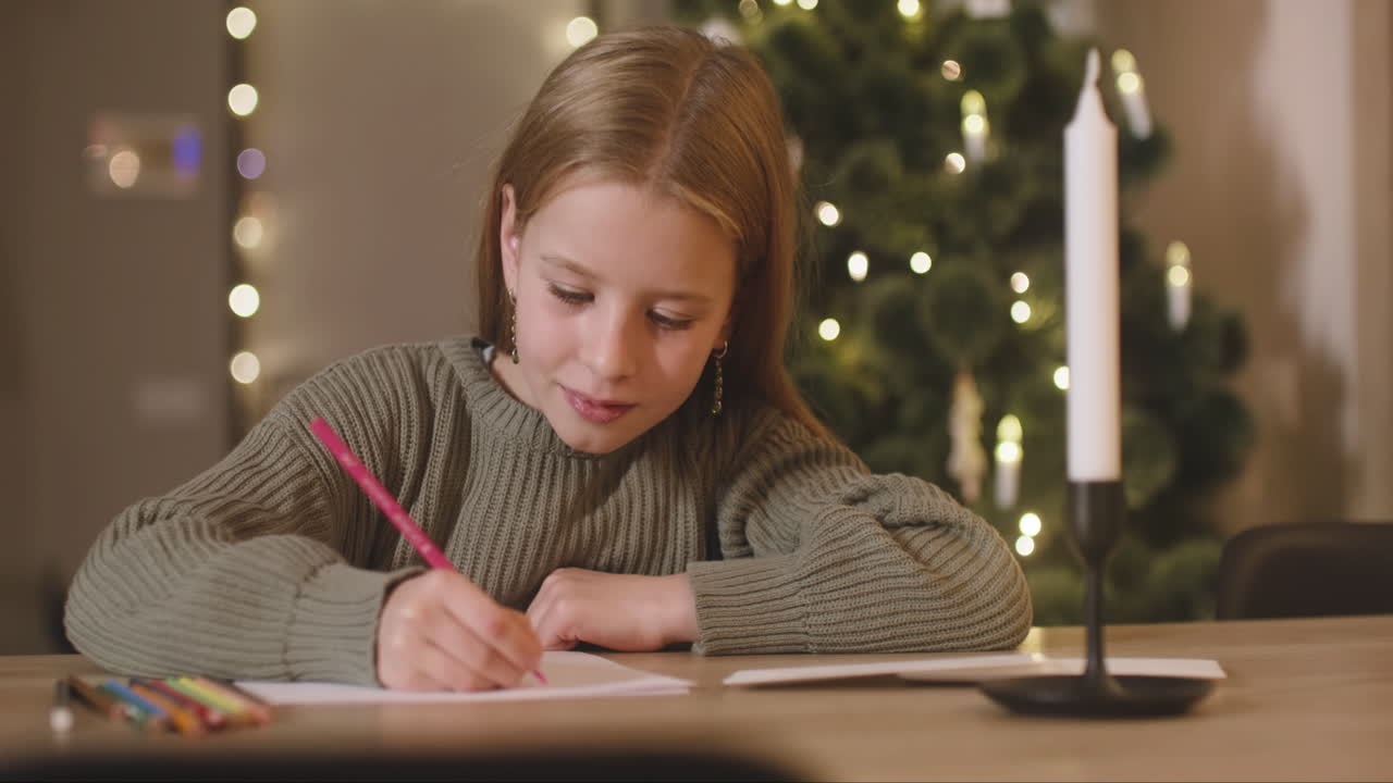 chica con suéter verde escribiendo una carta y pensando en deseos sentada en una mesa en una habitación decorada con un árbol de navidad