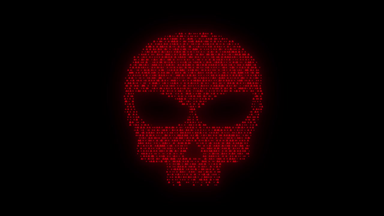 Visuelt cybertrussel kranieikon med rødt pixelmønster, mørk glød og sort negativt rum, perfekt til