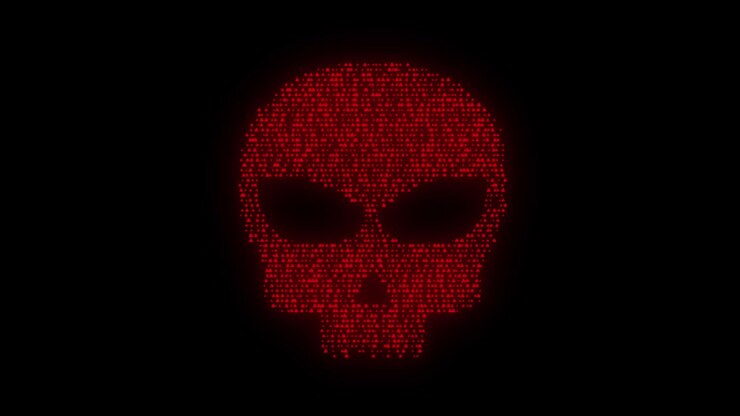 Visuelt cybertrussel kranieikon med rødt pixelmønster, mørk glød og sort negativt rum, perfekt til
