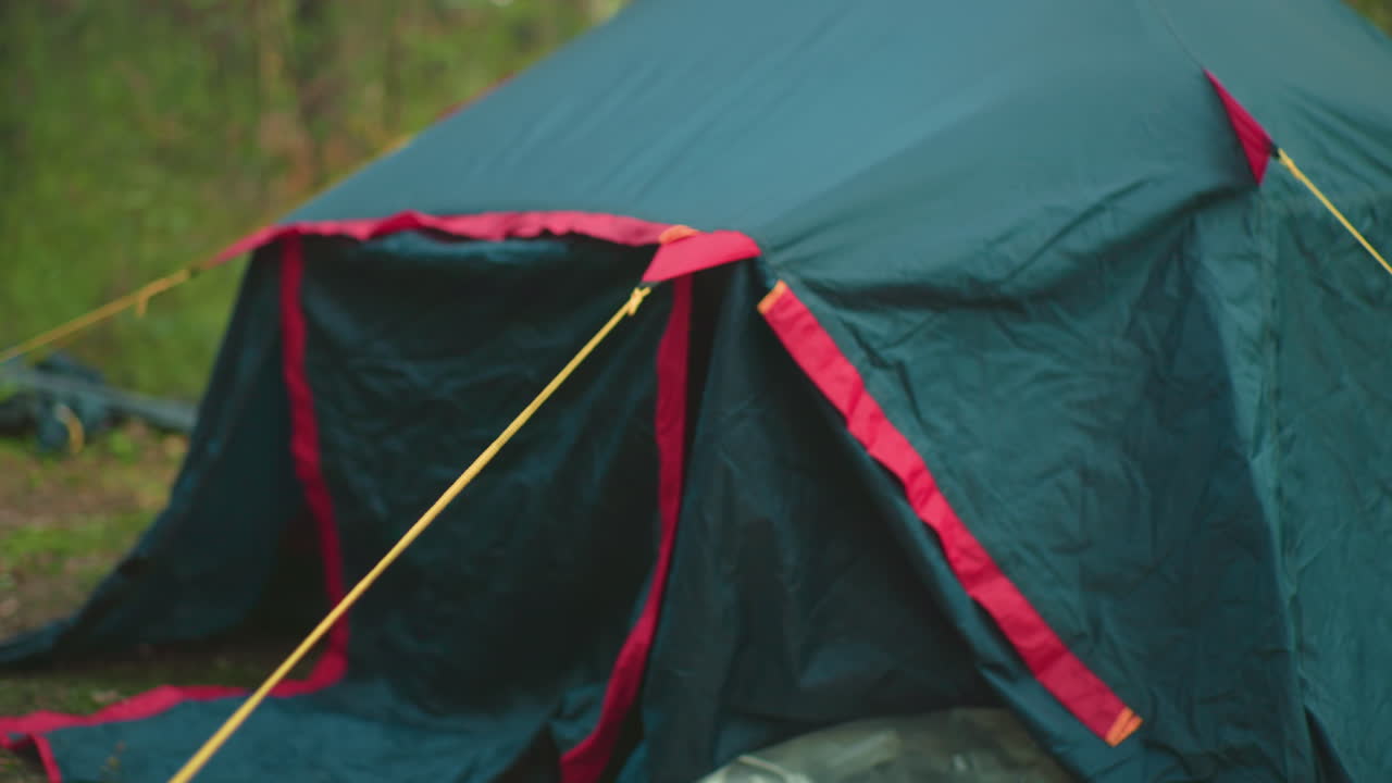 Close up of forest camping tent with open flap, secured with yellow ropes and surrounded by greenery, resting on grassy ground with visible tarp and natural daylight