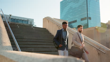 business, men and walking on stairs outdoor