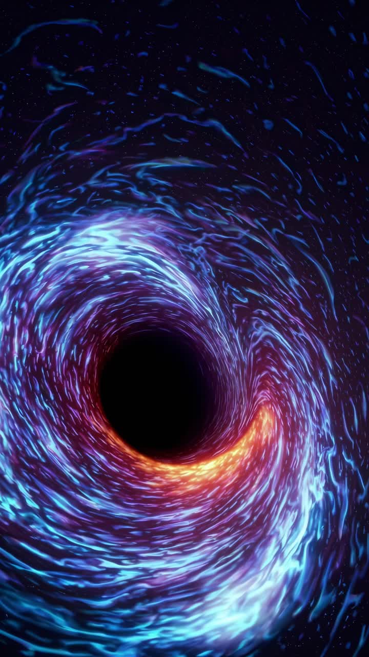 Dynamic top-down video view of a swirling, colorful vortex in space, with vibrant blues and purples