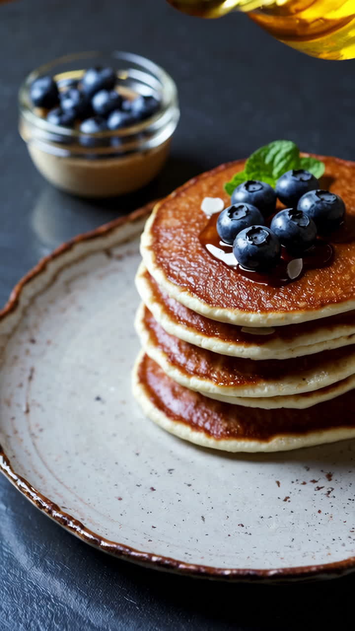 pila de panqueques con miel y arándanos