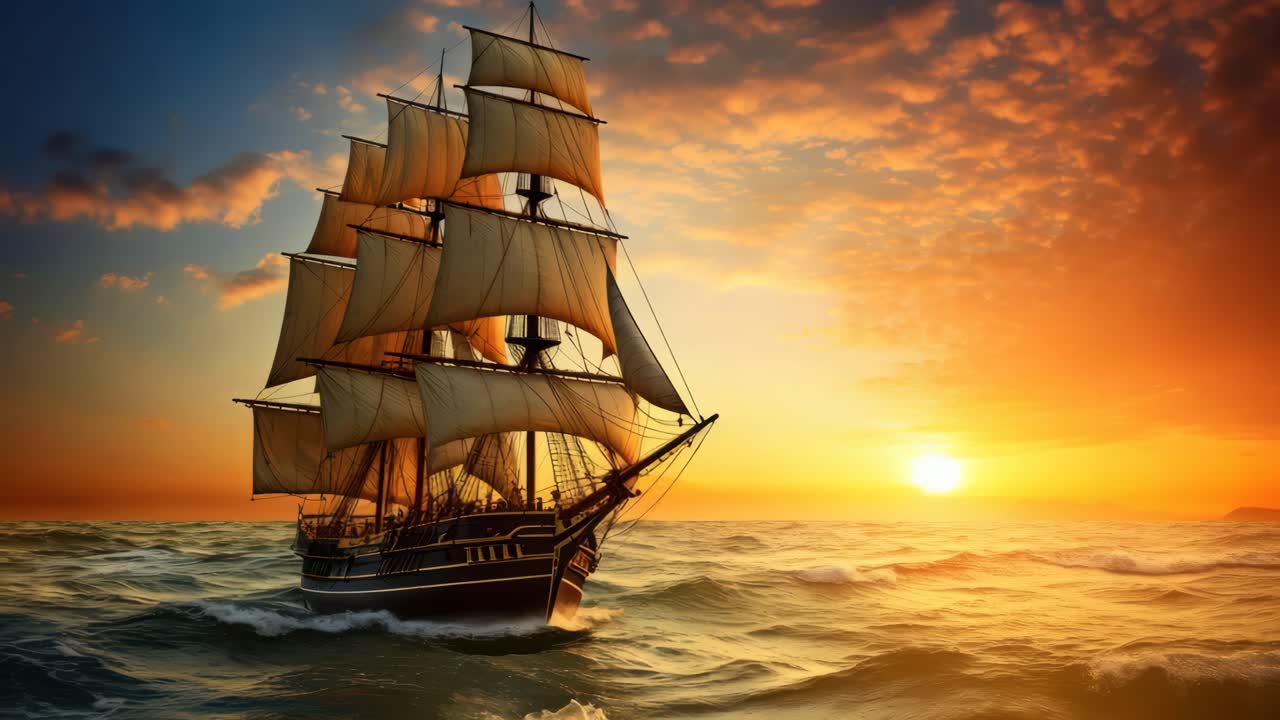 Dramatic low-angle video shot of a majestic sailing ship at sunset, capturing the golden hues