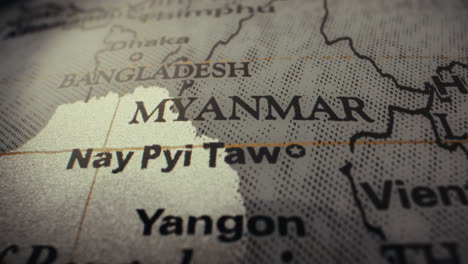 close-up of a world map focusing on myanmar
